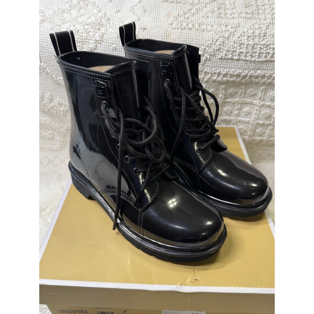 Michael Kors Tavie Rainbootie Combat Boot Black Size 6 Logo Heel Lug Sole Edgy